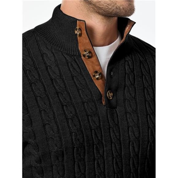 Men's Cable Knit Pullover Sweater Casual Stand Collar Button Knitted - Picture 5 of 7